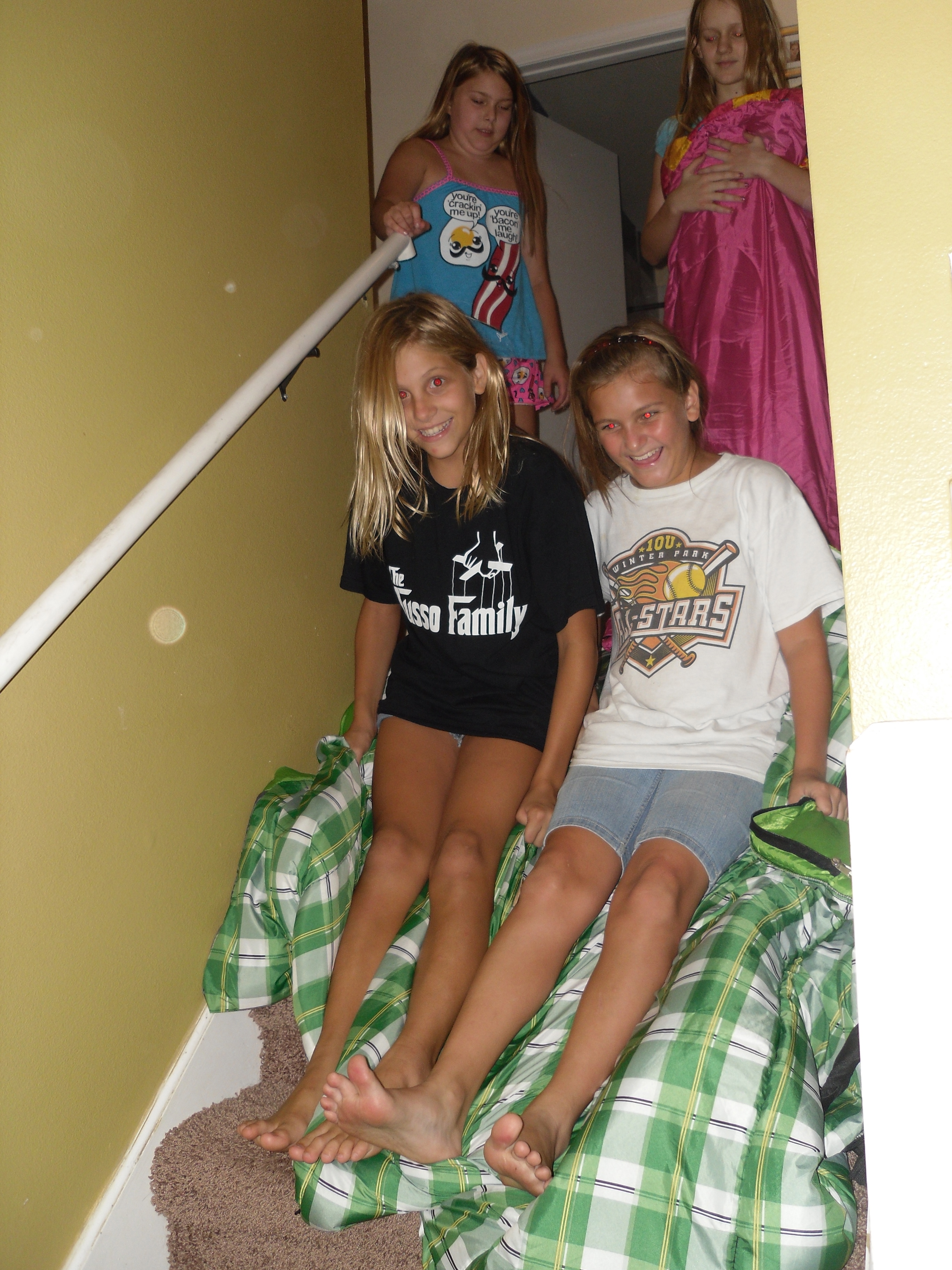 Some of my middle school girls at my back to school sleep-over (yes, they are stair sledding!)